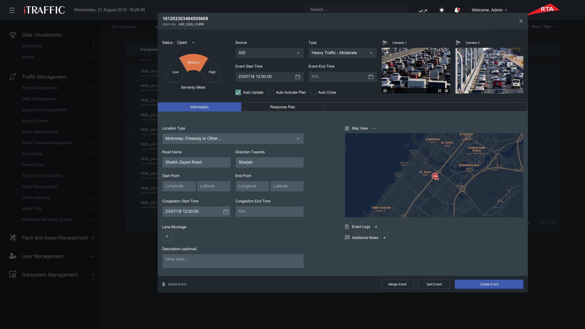 Creating an event: severity meter, source and type, camera feeds, location, congestion times and a map
