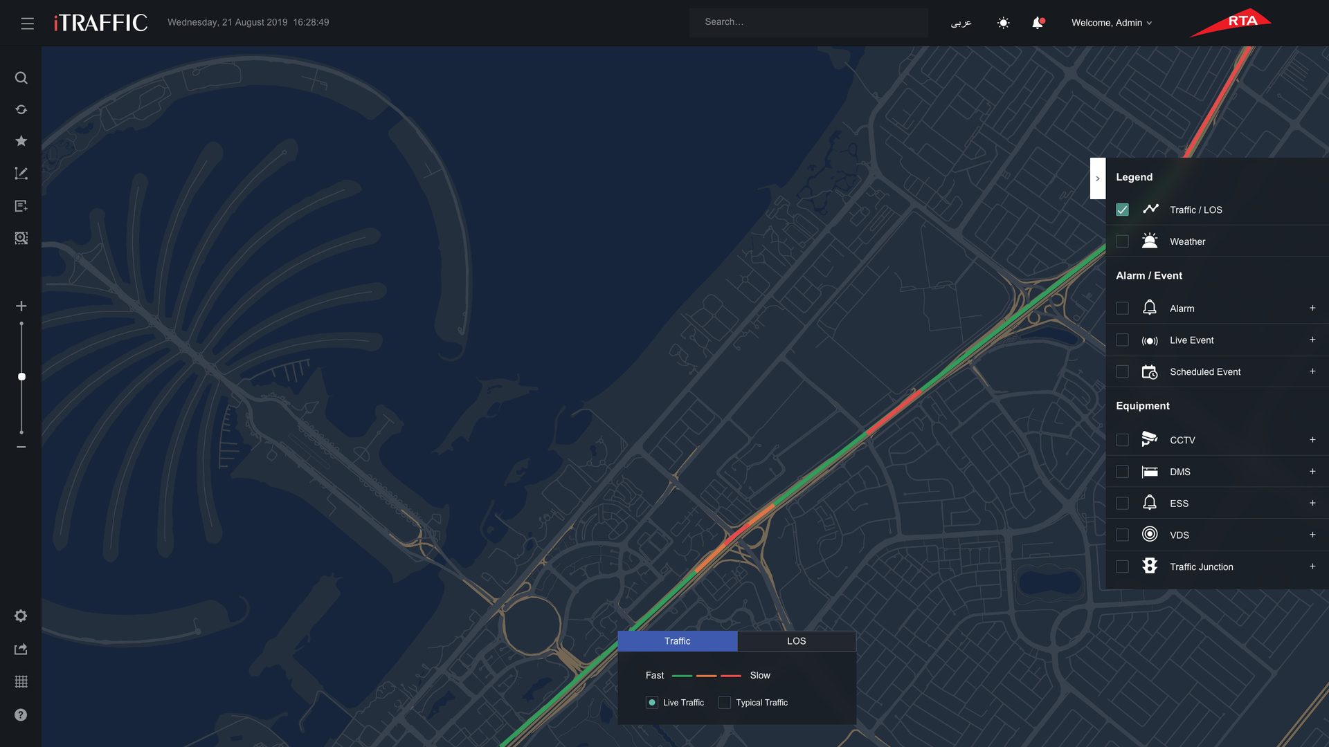 Map with live traffic flow along Sheikh Zayed Road, coloured from fast to slow